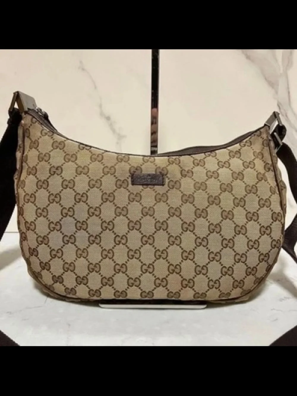 Gucci Brown Beige GG Canvas Hobo with Black Strap